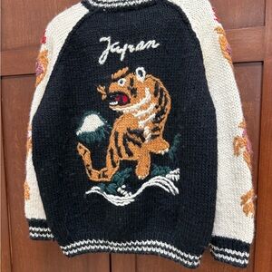 Men's Black and Cream Sweater with Tiger Design